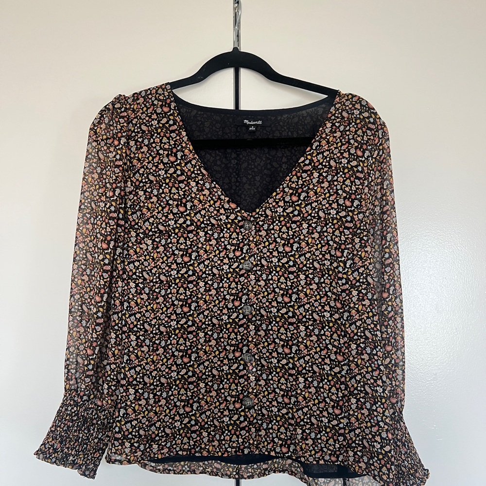 Madewell Floral V-Neck Blouse - Black and Pink (8)